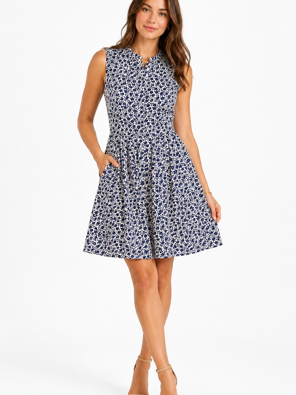 J.Crew Floral Sleeveless Fit Flare Dress Women Size 2 Blue White Linen Cotten - Picture 1 of 12